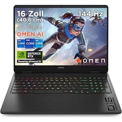 HP Omen Gaming Laptop, 16 Inch 2K WUXGA Display, 1920 x 1200, 144Hz, Intel Core Ultra 7 255H, NVIDIA GeForce RTX 5060, 24GB RAM, 1TB SSD, Win 11, 4-Zone RGB QWERTZ, Shadow Black, Includes 3 Months GamePass