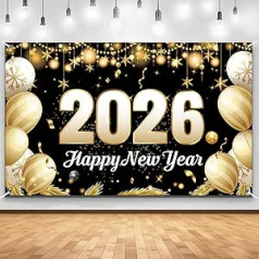 Happy New Year Banner 2026 New Year's Eve Party Accessories Happy Year Decorations Golden Balloon Theme Background for Year Eve Christmas Banner Christmas Party Decorations 180 x 110 cm