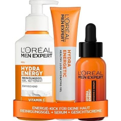L'Oréal Men Expert Hydra Energy Set: 10% Pures Vitamin C Serum (30ml), Healthy Look Gesichtsgel (40ml) für leichte Bräune & sanftes Waschgel (260ml) gegen müde Haut, Routine mit Ceramiden