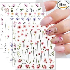 JMEOWIO Nail Stickers Spring Flower 6 Sheets Nail Art Stickers Self-Adhesive Nail Stickers Summer Leaves Flowers Decoration Nail Design Accessories