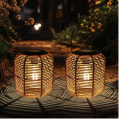 Solar Lantern for Outdoor Garden, Pack of 2 Weatherproof Solar Rattan Lantern, Hanging / Standing Solar Lamps, Solar Lanterns for Balcony, Patio, Table, Garden Decoration