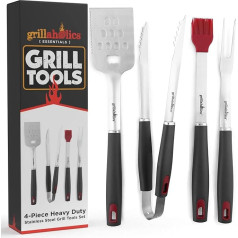 Grillaholics Grill Set 4 Pieces BBQ Tools – Heavy Duty Stainless Steel Barbecue Grilling Utensils – Premium Barbecue Accessories Grill Spatula, Tongs, Fork, and Pastry Brush