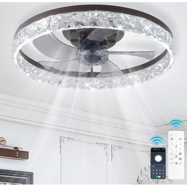 Finktonglan LED Ceiling Fan with Light - Modern Bladeless Fan 50 cm, Dimmable Ceiling Light with 6 Speeds, Remote Control & App Control, Coffee Gold