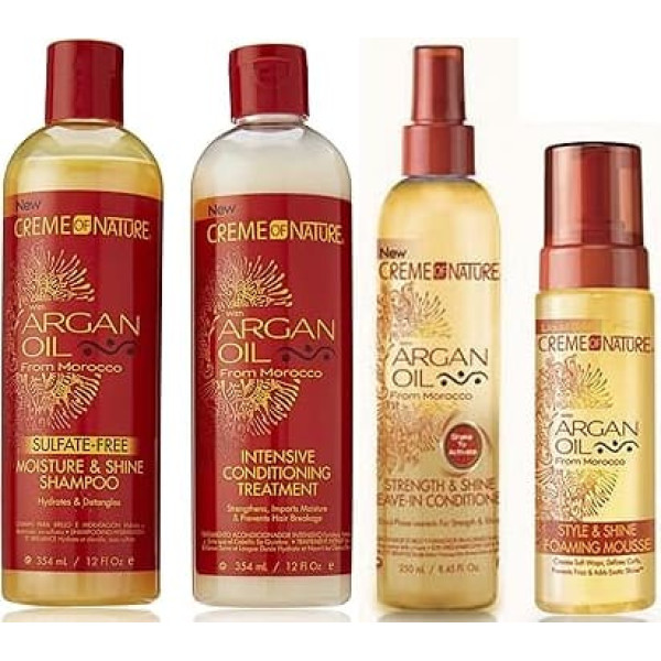 Crème Of Nature | Set of 4 Argan Oil | Sulphate Free Shampoo 354ml | Intensive Conditioner 354ml | Leave In Conditioner 250ml | Styling Foam for Shiny Hair 250ml