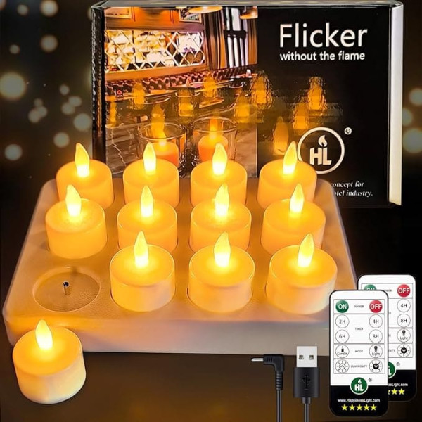 HL LED Tea Lights Rechargeable with Remote Control and Timer Function, 50+ Hours Rechargeable LED Battery Candles with Charging Station and USB Cable for Party Christmas Halloween Decoration, Pack of