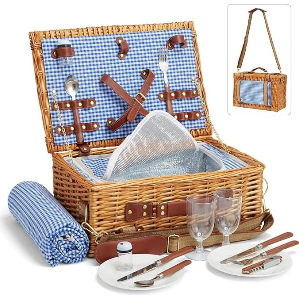 Wicker Picnic Basket Set for 2 Person with Cooler Compartment and Waterproof Picnic Blanket, Removable Strap, Cutlery Set, for Camping, Day Travel, Beach, Hiking, BBQ and