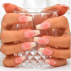 Sethexy French Long Coffin Pink False Nails Handmade Blush Gradient Nails for Press-on Shiny Glitter False Nails Acrylic Glittering Nail in Salon Quality for Women and Girls