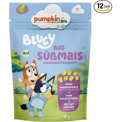 Bluey Sweet Corn, Freeze-Dried (Pack of 12) Made from 100% Ingredients, Children's Snack (3+ Years), 100% Freeze-Dried Corn, in Practical Resealable Bag (12 x 16 g) by Pumpkin Org