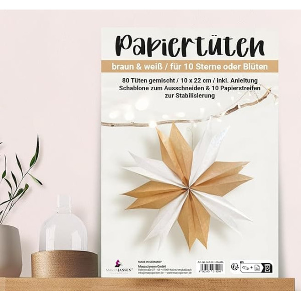 MarpaJansen 80 Paper Bags, Brown and White Mixed, 10 x 22 cm, Kraft Paper Bags, DIY for Stars/Flowers, Includes Instructions + Cutting Stencil