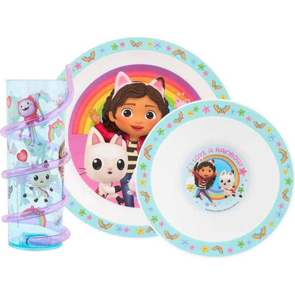 DreamWorks Gabby's Dollhouse 3 Piece Tableware Set - Includes Plate, Bowl and Straw with Gabby, Pandy Paws, Cakey Cat, Mercat and Kitty Fairy - 48 Months and Up