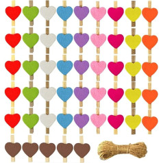 50 Small Wooden Decorative Pegs, Colourful Heart Clips, 10 Metres, Jute Cord, Clothes Pegs, Note Clips, Mini Wooden Pegs for Paper, Photos, Cards, Wall, Wedding, Party, Sewing, Crafts, Crafts