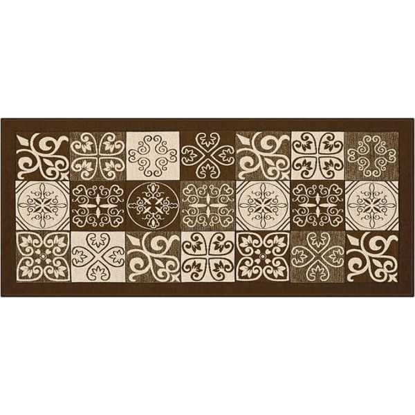 BIANCHERIAWEB Kitchen Rug Non-Slip Washable Kitchen Rug 55 x 140 cm Majolica Design Brown Carpet Runner Washable and Ironable