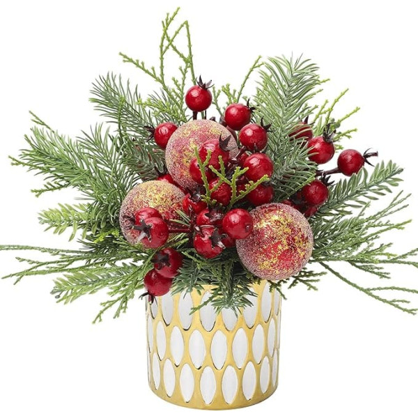 Mini Tabletop Christmas Tree Artificial Plant in Pot Christmas Decoration with Christmas Baubles and Berries for Christmas Decoration Home Decor Kitchen Dining Table Decorative Plant Indoor Plant Table Decoration