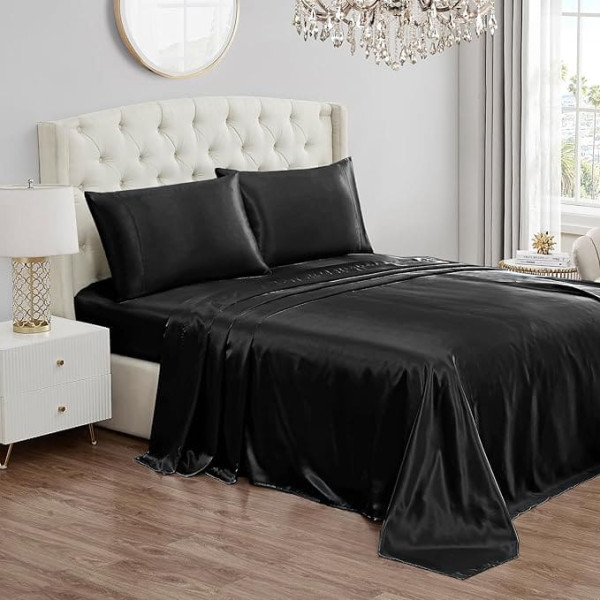 Juicy Couture Satin Sheet Set Double Deep Pockets Silky Twin XL Bedding Set with 1 Fitted Sheet, 1 Flat Sheet, 1 Pillowcase, Wrinkle Resistant and Anti Pilling, Black