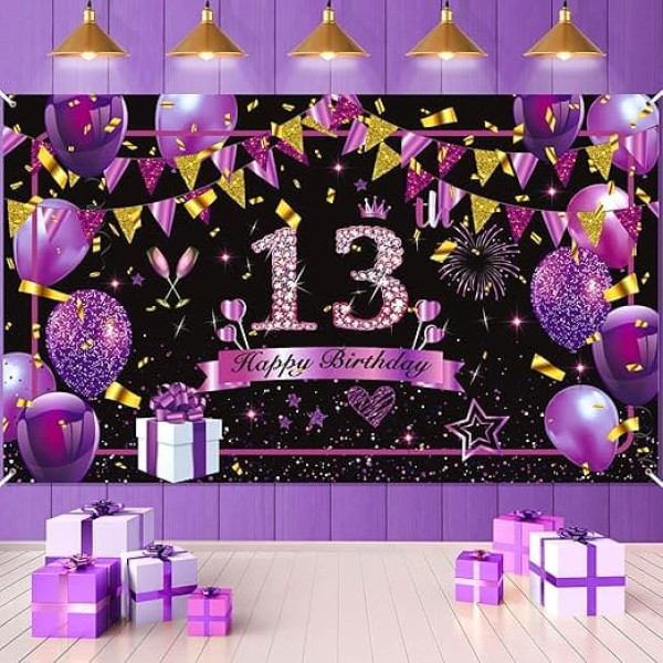 Purple 13th Birthday Decorations Banner Purple Black Gold Happy Birthday Sign Large Shiny Purple Black 13th Birthday Background for Girls 13th Birthday Anniversary Party Supplies