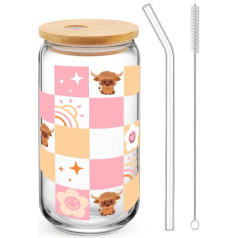 Adretter Glass Tumbler with Bamboo Lid and Straw, Checkered Daisy, Iced Coffee, Smoothie, Beer Cup, Trendy Aesthetic Coffee Mug, 16 oz (Pink Checkered Highland Cow)