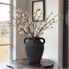Handmade Black Vase - Tall Terracotta Vase, Vintage Vase, Black Ceramic Vase, Rustic Antique Decor with 4 Ears, Wide Mouth, Non-Slip Base, Matte Finish for Home Decoration