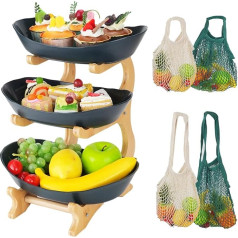 3-Tier Bamboo Fruit Basket with 4 String Bags, Ceramic Fruit Bowl with Reusable Shopping Net Bags, Fruit Stand with Natural Rack for Kitchen, Party, Snacks and Desserts