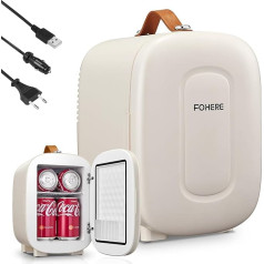 FOHERE Mini Fridge 5 Litres / 6 Cans, Additional USB Power Supply, 220 V AC/12 V DC, Drinks & Skincare Mini Fridge for Bedroom, Car, Dormitories, Office Desk, White