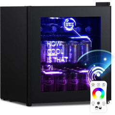 HCK 48L Mini Fridge with Glass Door, Quiet 39 dB, Cyberpunk Drinks Fridge with Remote Controllable RGB LED Lights, Bottle Fridge, Mini Fridge 0-15 °C for Gaming Decoration, Mini Bar, Black