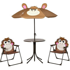 Outsunny Kids Picnic and Table Chair Set Folding Monkey Design Removable Adjustable Parasol Age 3-6 Years Brown
