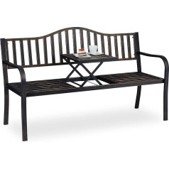 Relaxdays Garden Bench with Folding Table, 3-Seater, Garden, Metal Balcony Bench, HBT 89 x 150 x 58.5 cm, Black/Bronze