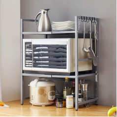 Expandable Microwave Oven Rack, Telescopic Kitchen Counter Storage Organizer with 6 Hooks, Free Standing Adjustable Spice Rack, Heavy Duty Microwave Stand, Baker's Rack, Pot and