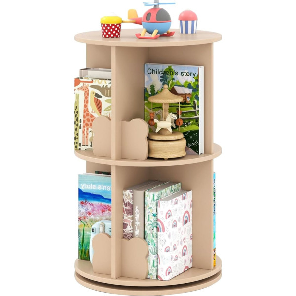 COSTWAY Children's Rotating Bookcase, Children's Shelf with 2 Levels & Rabbit Dividers, 360 Degrees, Children's Bookcase, Freestanding, Toy Shelf for Children's Room, Playroom, 40 x 40 x 65 cm (Coffee