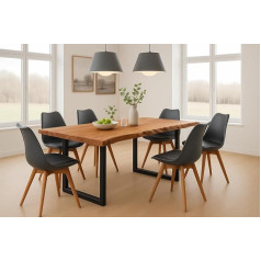 SAM 7-Piece Quinn Dining Table with 6 Chairs, 200 x 100 cm, Dining Table with Real Wane, Solid Acacia Wood + Natural Colours, U-Frame Black, 6 x Shell Chairs, Black