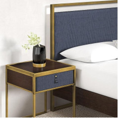 Zinus Ilsang Bedside Table 45 x 43 x 52 cm - Metal and Wood Side Table - Taupe Fabric Drawer - Brown and Black