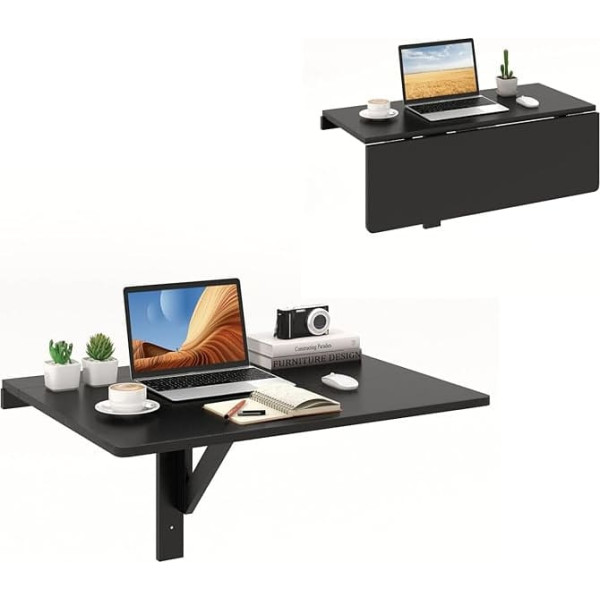 GYMAX Wall Folding Table, 80 x 60 cm, Kitchen Table, Foldable, Space-Saving Wooden Dining Table, Desk Wall Mounting, Folding Table, Wall Table for Dining Room & Study (Black)
