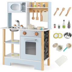 FANTASK Wooden Children's Kitchen, Play Kitchen with Board & Kitchen Accessories, Stove, Microwave, Tap & Sink, Wooden Play Kitchen for Children from 3 Years
