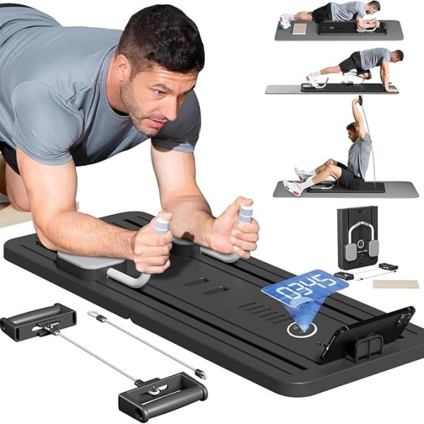 Pilates Reformer Set - Multifunktionales Pilates-Board mit Ellenbogenstütze, Widerstandsbänder und Bauchmuskelroller für Heimtraining
