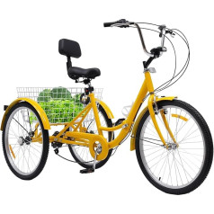 24 Inch Adult Tricycle 7 Speed Foldable Height Adjustable with Cup Holder, LED Front, Back Basket and Back Cushion, Reliable for Entertainment, Shopping