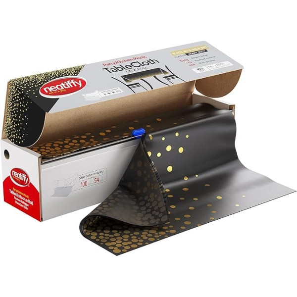 Neatiffy 137cm x 30m Disposable Plastic Tablecloth, Party/Banquet Tablecloth, Tablecloths for Rectangle/Round/Square Tables, Equivalent to 12 Picnic Packs(Black Gold Dots)