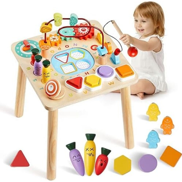 VEVOR Wooden Activity Table, Montessori Toy, 8-in-1 Learning Table, Play Table, Activity Table for Children from 6 Months, Birthday, Christmas or Children's Day, 6-36 Months