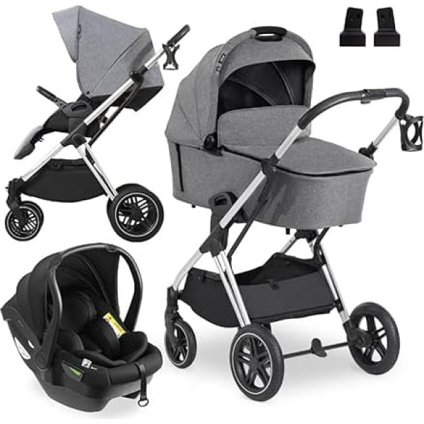 hauck Vision X 3-in-1 Pushchair Set with Drive N Care Baby Seat - Combination Pram with Suspension and Height-Adjustable Seat - Melange Grey