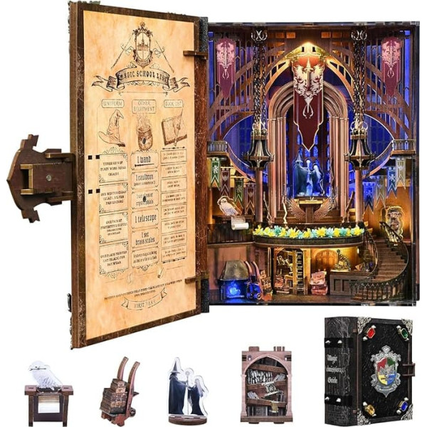 Book Nook 3D Miniature Dollhouse Book Corner Kit with LED Light (Magic Admissions Guide)