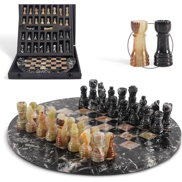Marble Chess Set for Adults, Ocean & Zebra Black 12 Inch Handmade Chess Board with Storage Box & 2 Extra Queens, Classic 2 Player Game, Unique Gift
