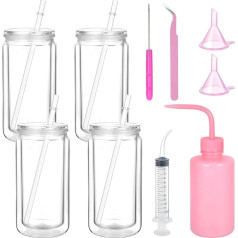 Snow Globe Cup Pre Drilled Double Walled Clear with Lid and Straw Squeeze Bottle Funnel Tweezers Curved Syringe for DIY Glitter Snow Globe Craft Gift 10
