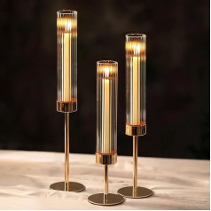 NUPTIO Gold Glass Cylinder Candle Holder for Candles: Set of 3 Candle Holders Taper Candles with Glass Attachment Ribbed Glass Taper Candle Holder Wedding Table Decoration Wedding Decoration Table Golden Cylinder