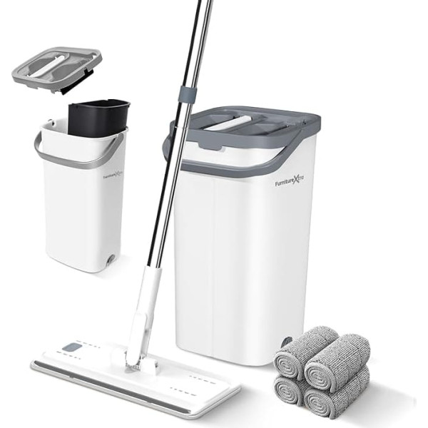 Mop and Bucket Set, Microfibre Flat Mop for Wet and Dry with Stainless Steel Handle, Double Chamber Bucket Suitable for All Floors