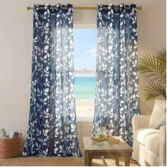 XTMYI Blue Curtains 108 Inch Long for Living Room Set of 2 Eyelet Semi Sheer Leaf Print Patterned Extra Long Curtains for Bedroom Wide 52x108 Inch Drop Dark Navy and White