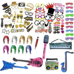 Photo Box Accessories 86 Pieces Party Decoration Set with Wigs Inflatable Music Party Accessories Photo Props for Weddings Birthdays Halloween Christmas Carnival Children Adults