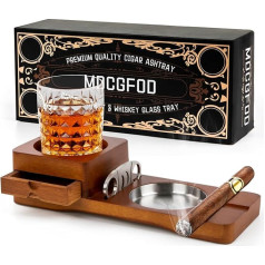 Cigar Ashtray, Coaster, Whiskey Glass Tray and Cigar Holder, Wooden Ashtray Slot, Cigar Rest Cigar Cutter, Cigar Accessories Set, Gift for Men,
