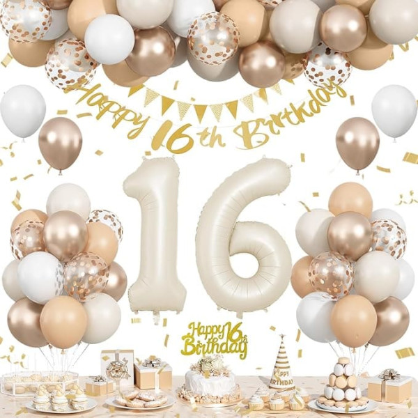 Cute 16th Birthday Decorations, Sand White Gold Party Decorations with 16 Year Old Foil Balloon Set, Beige Gold Happy Number 16 Birthday Banner with Cake Topper for Girls Boys Boho Party Supplies