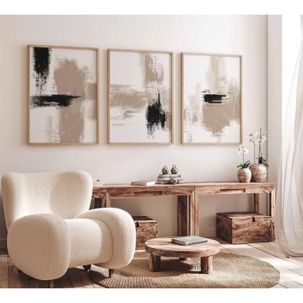Beige Abstract Wall Art Painting Set of 3 Neutral Canvas Wall Art Prints Black Beige Modern Wall Decoration Minimalist Art Pictures Abstract Modern Artwork for Room