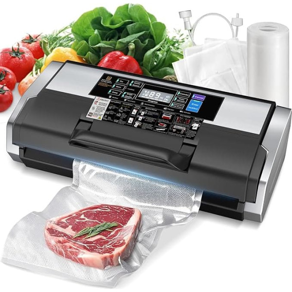 Vacuum Sealer 95 kPa Vacuum Sealer for Food with Double Weld, 230 W Film Welding Machine with 10 Modes for Dry and Moisture, Integrated Cutter with 1 Roll of Bags and 15 Bags