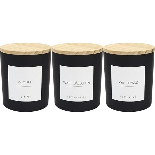 3 x 400 ml Modern Black Bathroom Canisters with 12 Labels Wooden Lid Thick Glass Jar Set Cotton Bud Holder for Cotton Buds Cotton Pads Storage Organisation