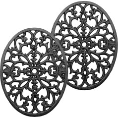 Cast Iron Oval Trivet Decorative Heavy Duty Pot Holder Vintage Pattern Cast Iron Trivet with Rubber Pegs for Kitchen Dining Table Set of 2